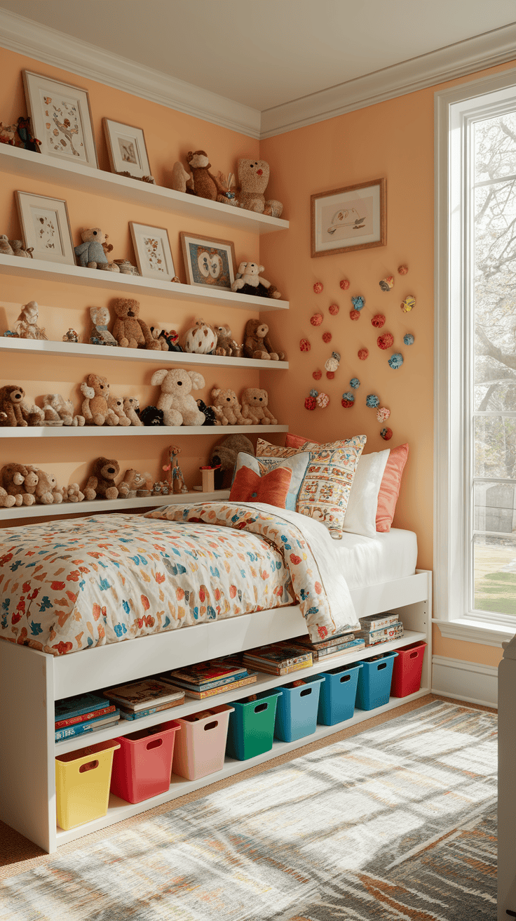 Kids bedroom designs with hidden storage solutions such as under-bed containers.
