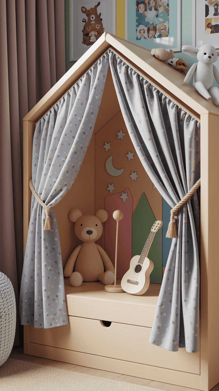 Stage and performance spaces in kids bedroom designs for imaginative play and performances.