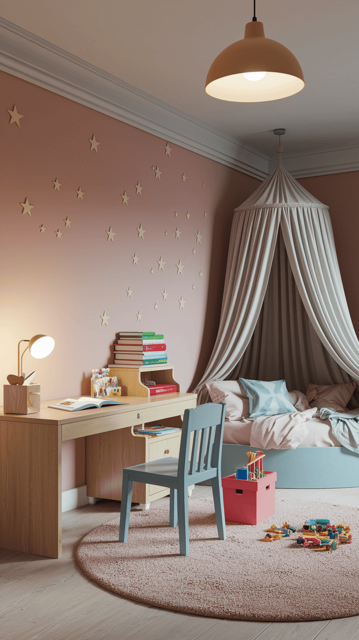 A kids bedroom design with defined zones for different activities within a small space.