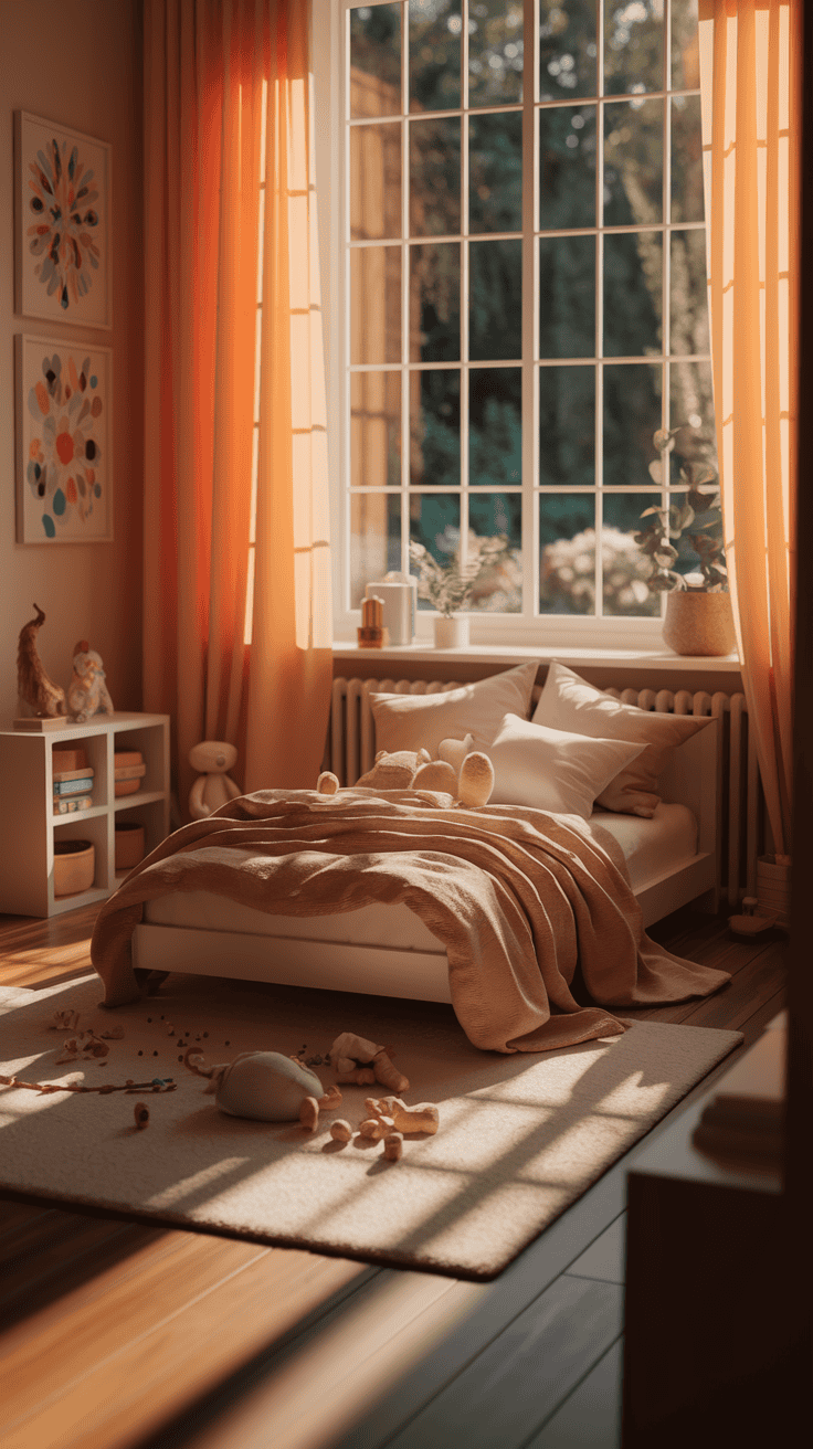 Kids bedroom designs tailored for toddlers with ample floor space and a low-profile bed.