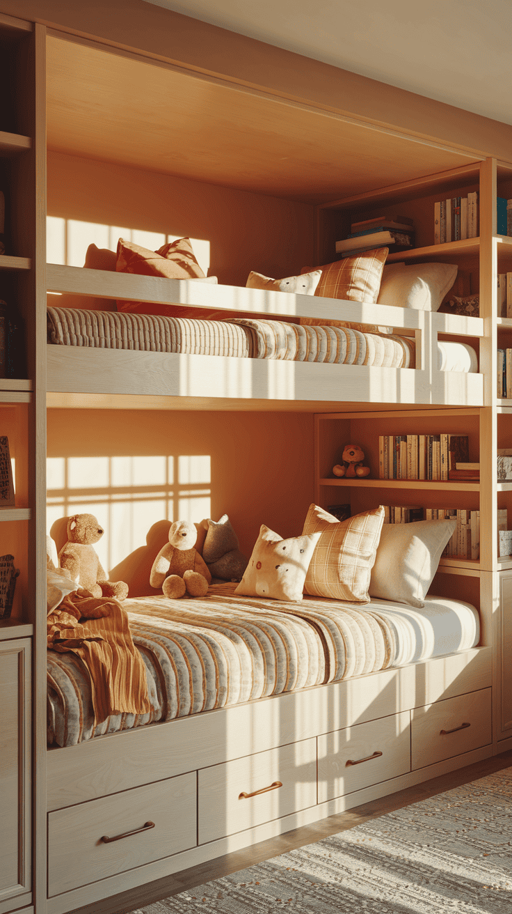 Kids bedroom designs featuring a bunk bed with storage drawers and shelves in a small room.