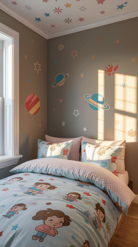 Kids bedroom designs using neutral backdrops with changeable themed accessories.