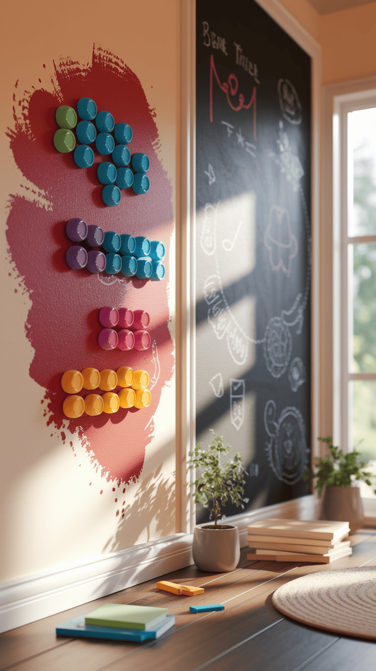 Interactive wall features in kids bedroom designs with magnetic and chalkboard walls.