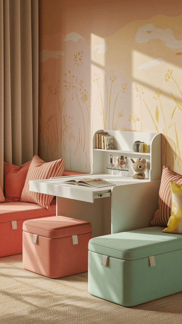 Multifunctional kids bedroom design with a fold-up desk and storage ottoman in a small space.