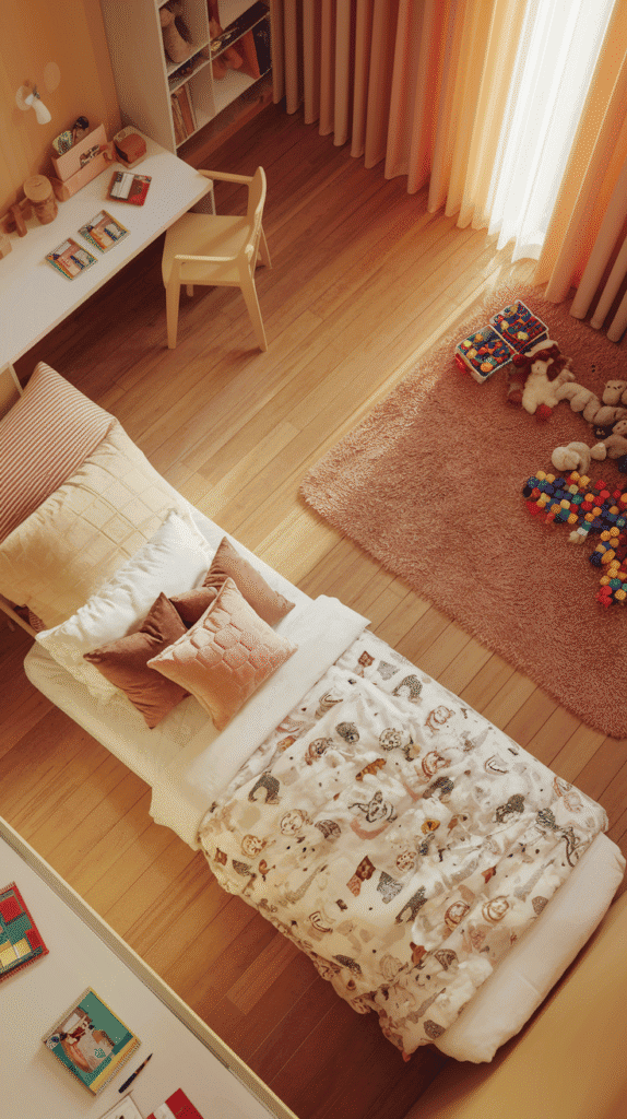 A kids bedroom design showcasing zoned layouts for evolving functionalities.