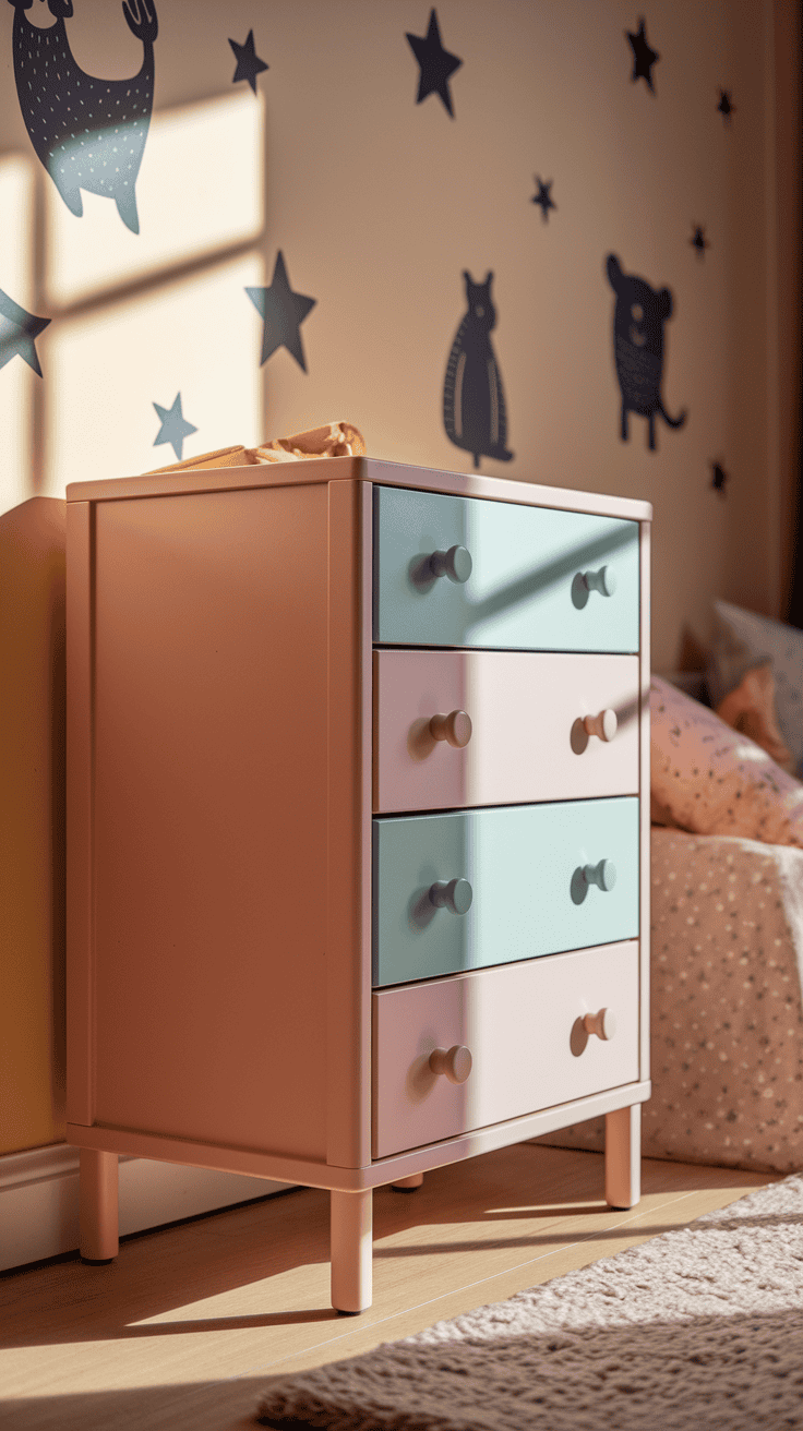 A kids bedroom design showcasing a slim-profile dresser to optimize small room space.