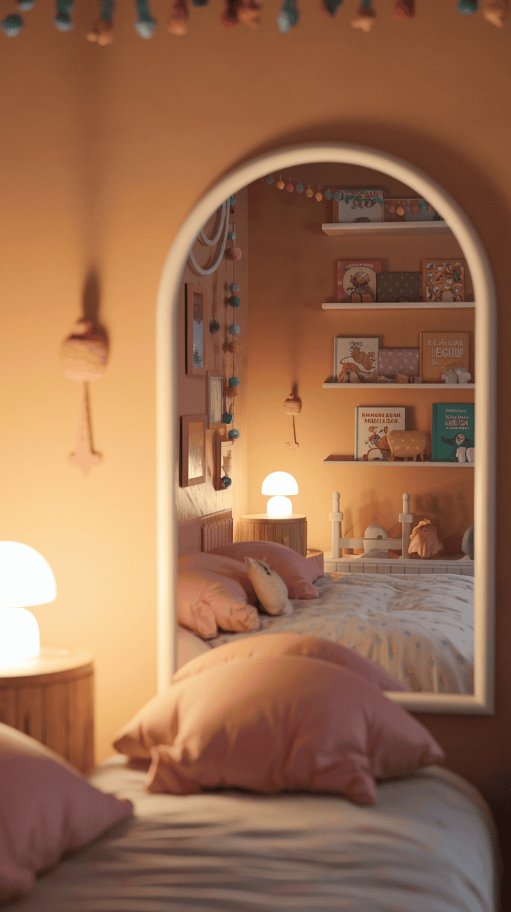 A kids bedroom design using a large mirror to create the illusion of more space.