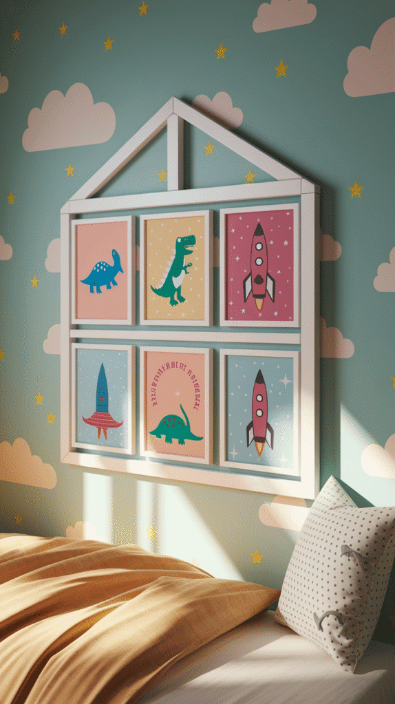 A kids bedroom design with a changeable wall gallery framework for displaying evolving interests.