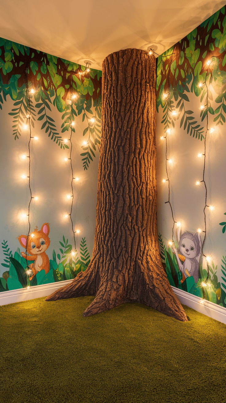 Immersive themed environments in kids bedroom designs with forest elements and lighting.