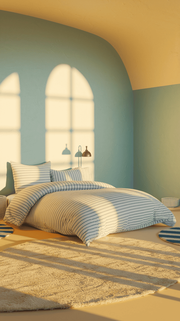 Kids bedroom designs utilizing striped patterns to make a small room feel wider.