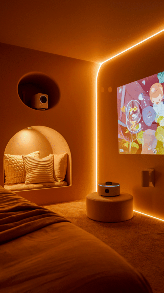 Tech-integrated kids bedroom designs with a projection system and user-friendly audio.