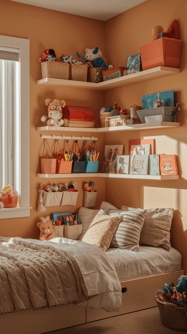 Kids bedroom designs focused on maximizing storage with floating shelves and door organizers.
