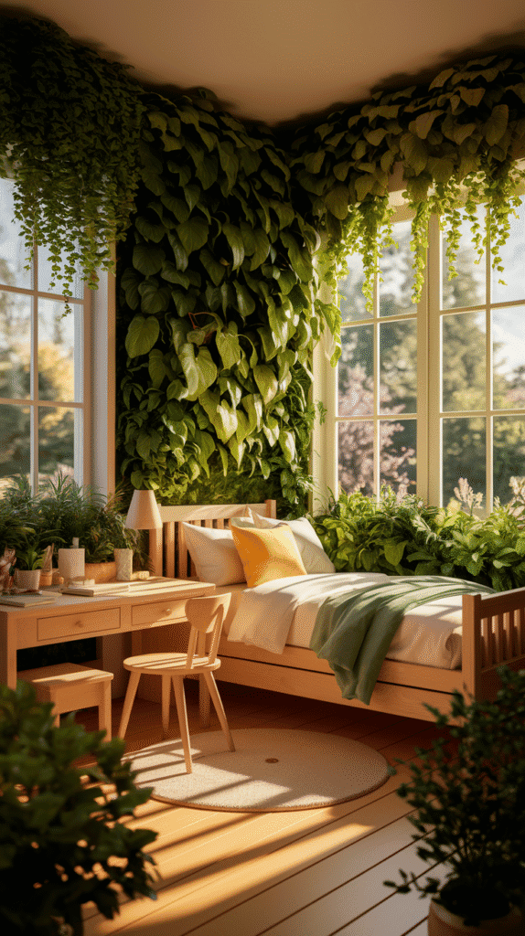 Biophilic design elements in kids bedroom designs with plants and natural materials.