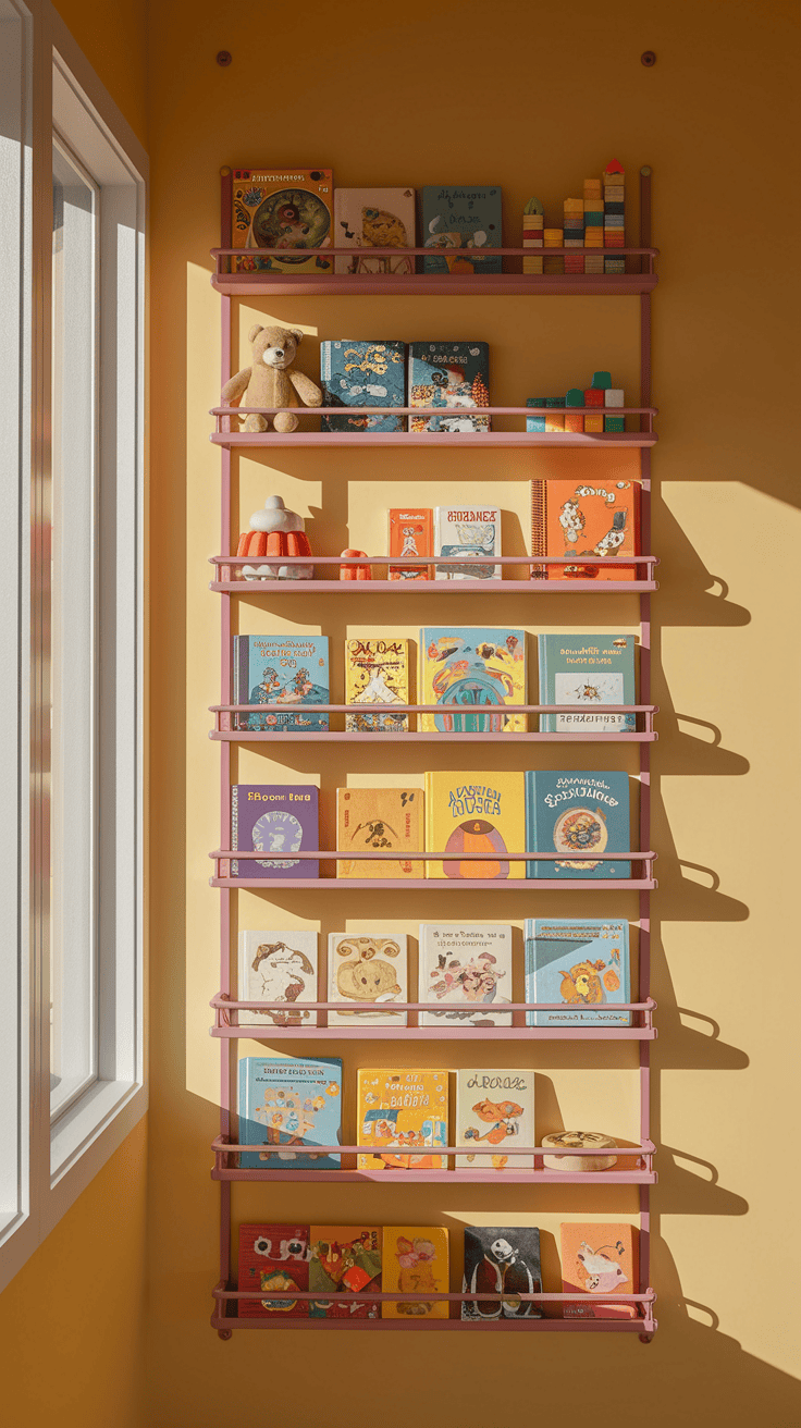 A kids bedroom design showcasing high wall shelves for vertical storage solutions.