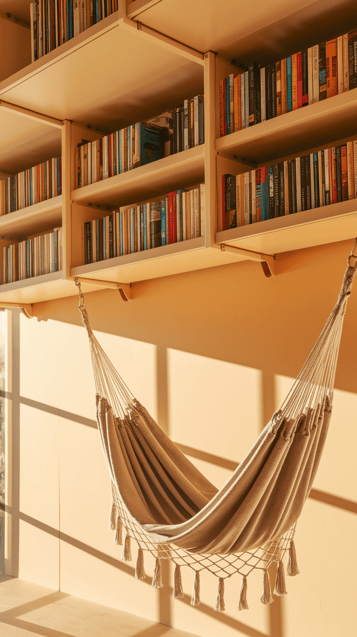 Vertical space utilization in kids bedroom designs with elevated storage and hammocks.