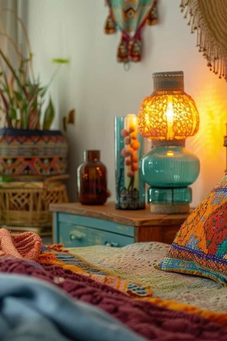 Modern Mexican Bedroom - Bohemian Bedroom With A Colorful Night Lamp And Eclectic, Vibrant Furnishings, Natural Colors