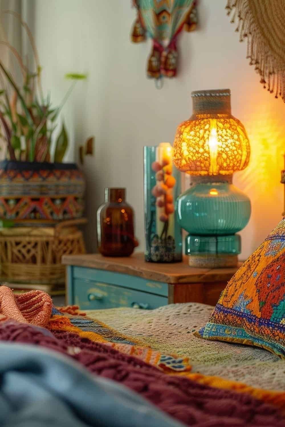 Modern Mexican Bedroom - Bohemian Bedroom With A Colorful Night Lamp And Eclectic, Vibrant Furnishings, Natural Colors