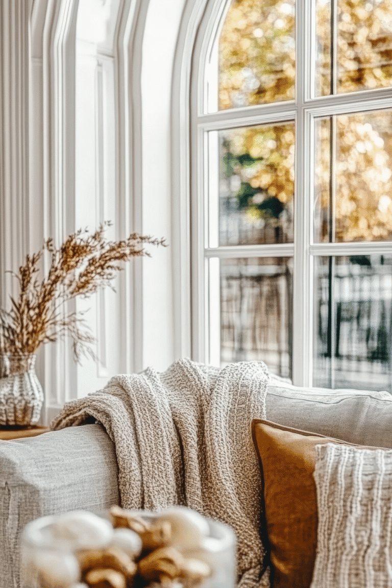 Neutral Fall Decor Living Rooms- Cozy living room with natural light and decor