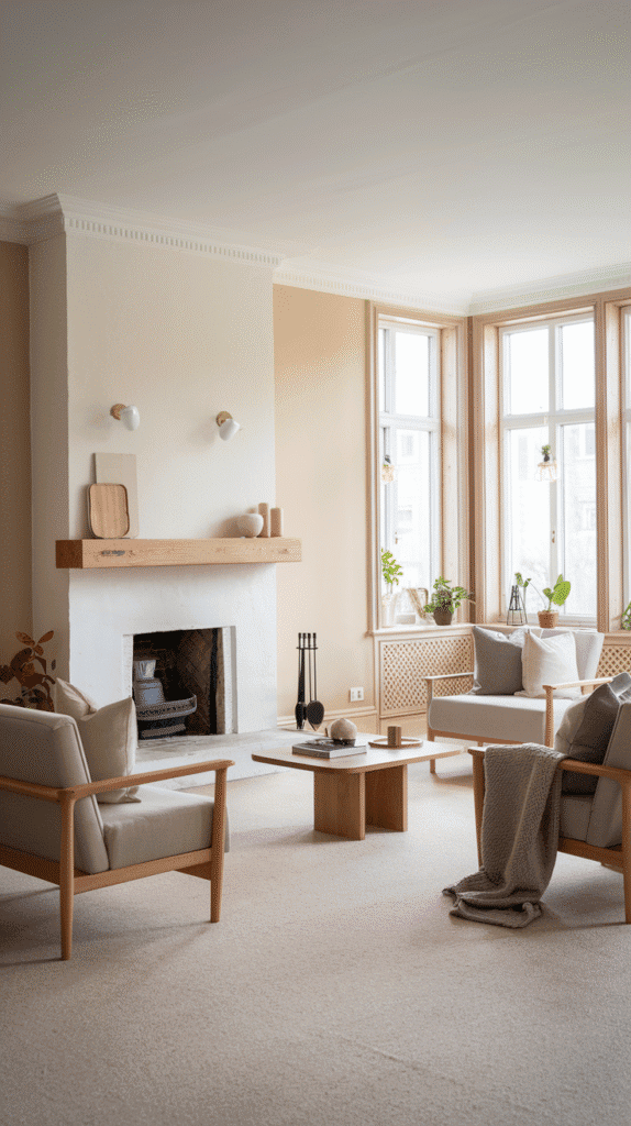 Scandinavian Living Room Nordic Style with minimalist fireplace focal point
