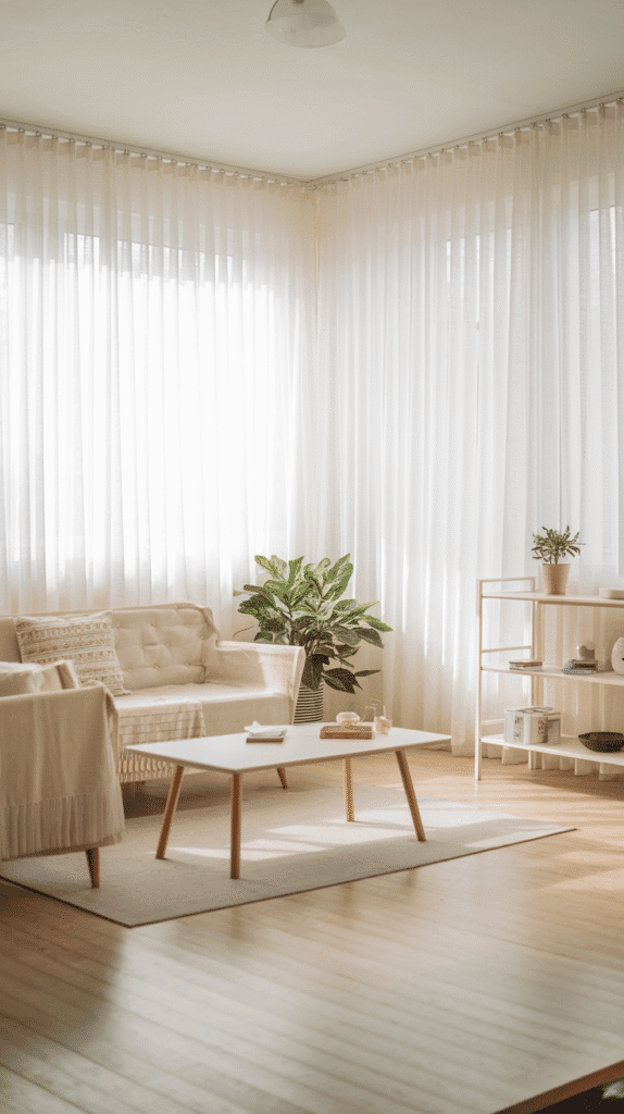 Scandinavian Living Room Nordic Style with sheer curtains and natural light
