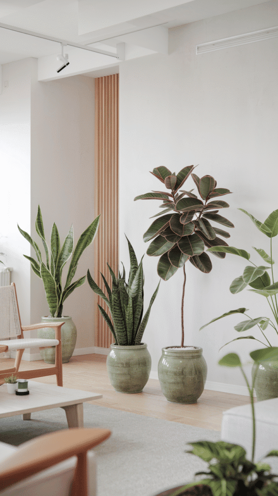 Scandinavian Living Room Nordic Style with greenery and indoor plants
