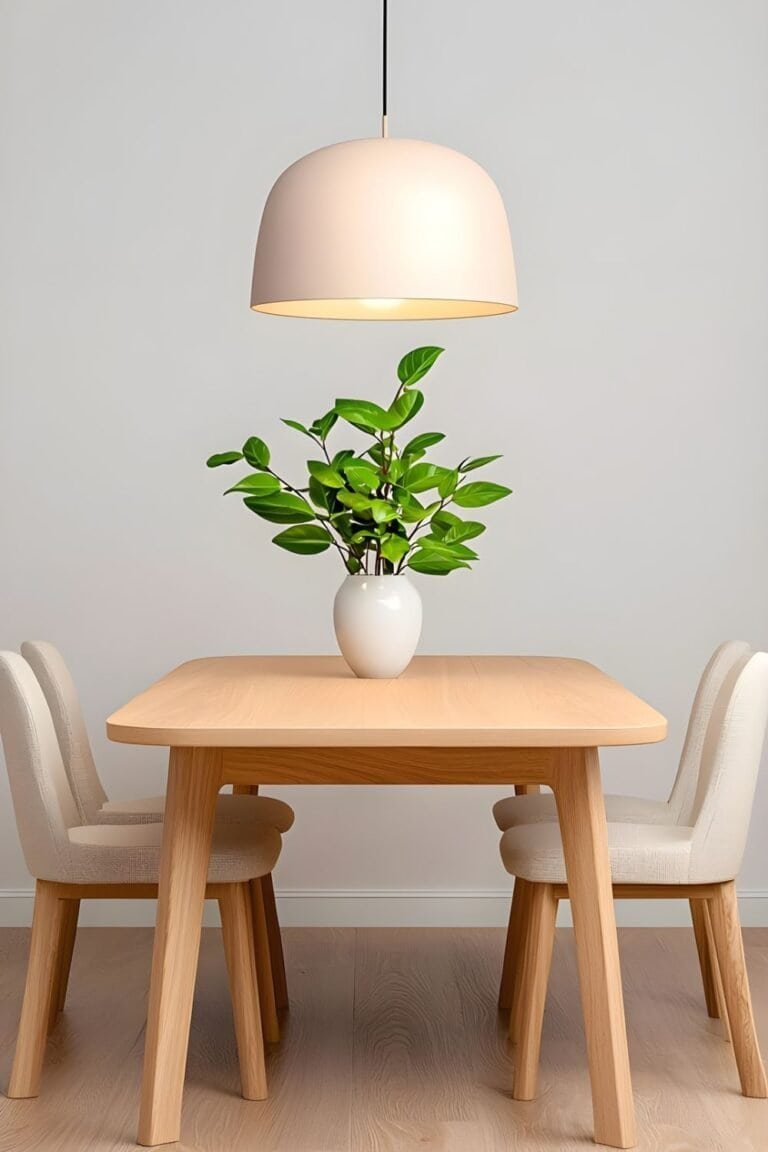 Small Dining Room Ideas- Modern Minimalist Dining Space Featuring a Wooden Table, Elegant Pendant Light, and Fresh Green Plant in a Bright, Welcoming Environment
