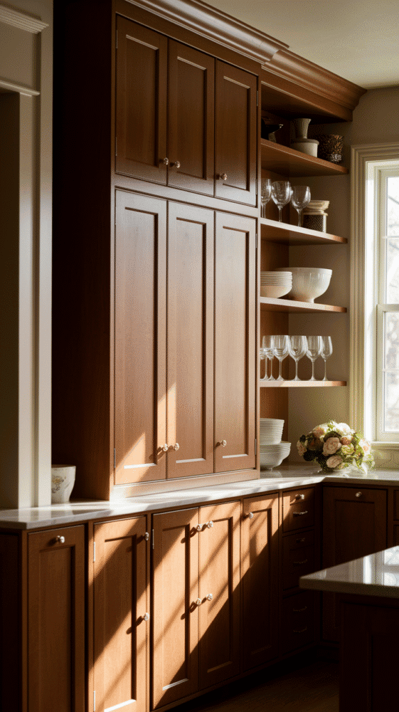 "Tall kitchen cabinets reaching the ceiling in a small L shape kitchen design."