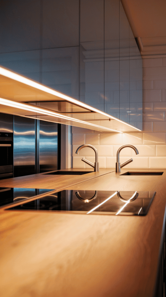 "Mirrored backsplash in a small L shape kitchen design creating more space illusion."