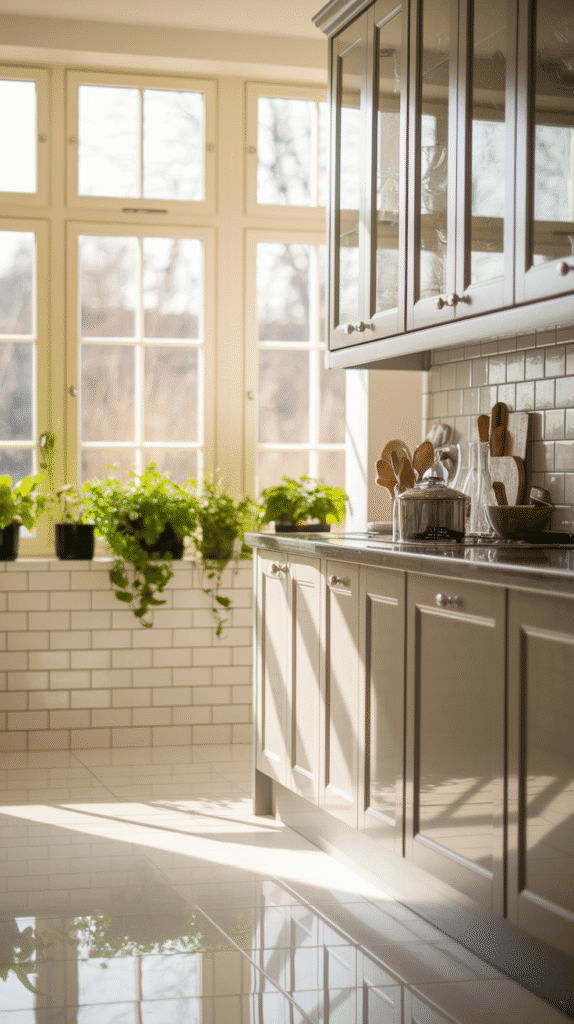 "Light neutral-toned small L shape kitchen design with glossy tiles and glass cabinets."