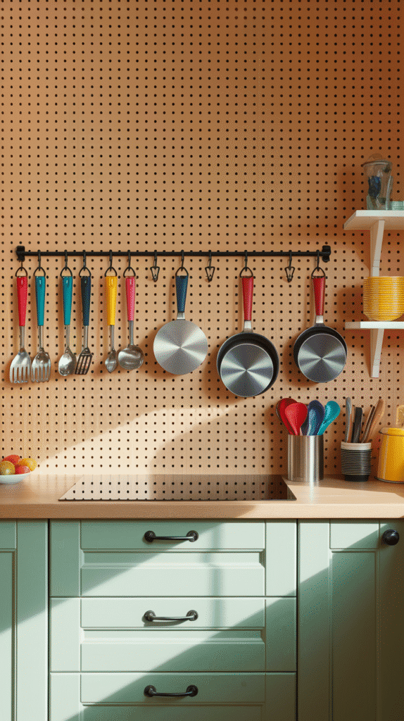 "Pegboard wall in a small L shape kitchen design for storing utensils and pans."