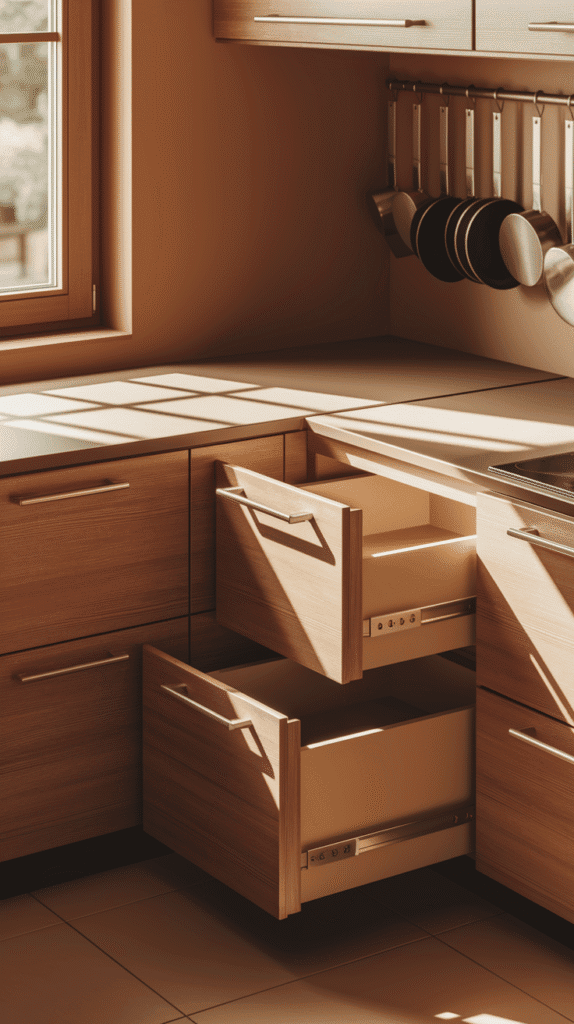 "Corner drawers in a small L shape kitchen design for efficient space use."