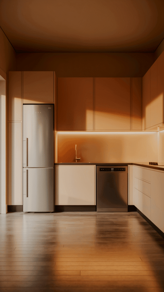 "Slimline appliances in a small L shape kitchen design for space-saving efficiency."