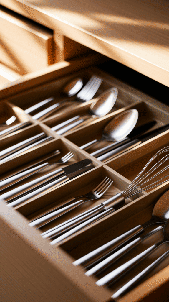 "Organized drawer with utensils in a small L shape kitchen design."