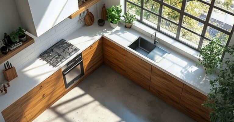 Small l shape kitchen design-A kitchen with a sink, stove and window