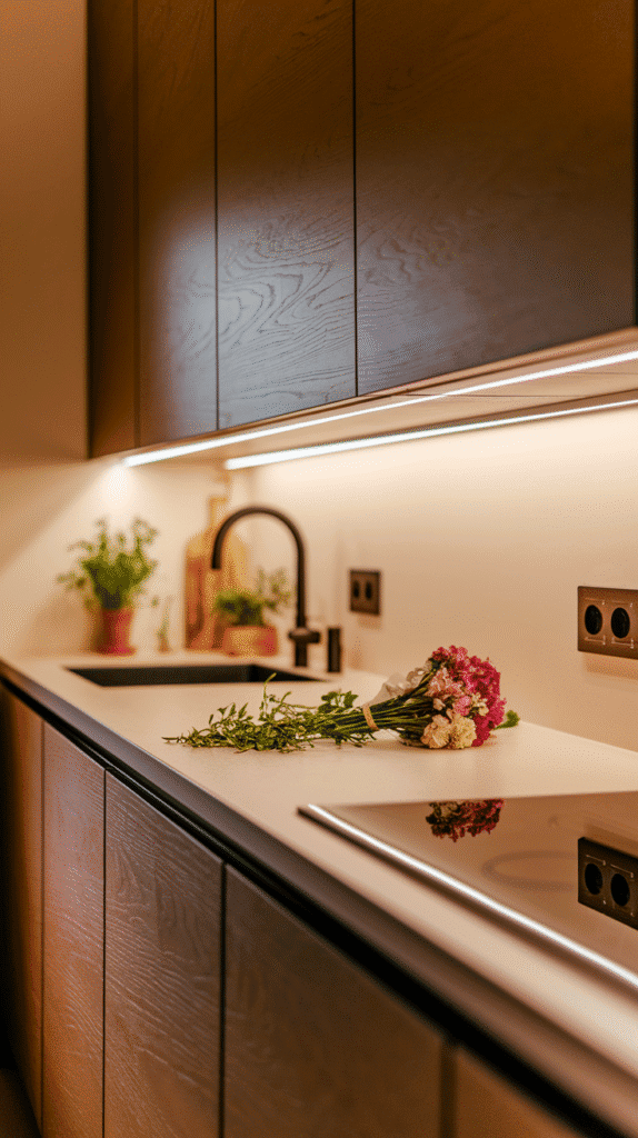 "Under-cabinet LED lighting in a small L shape kitchen design for improved visibility."
