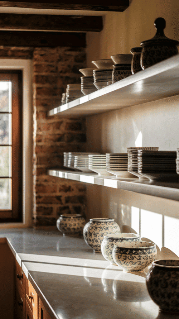 "Floating shelves in a small L shape kitchen design for additional storage and decor."