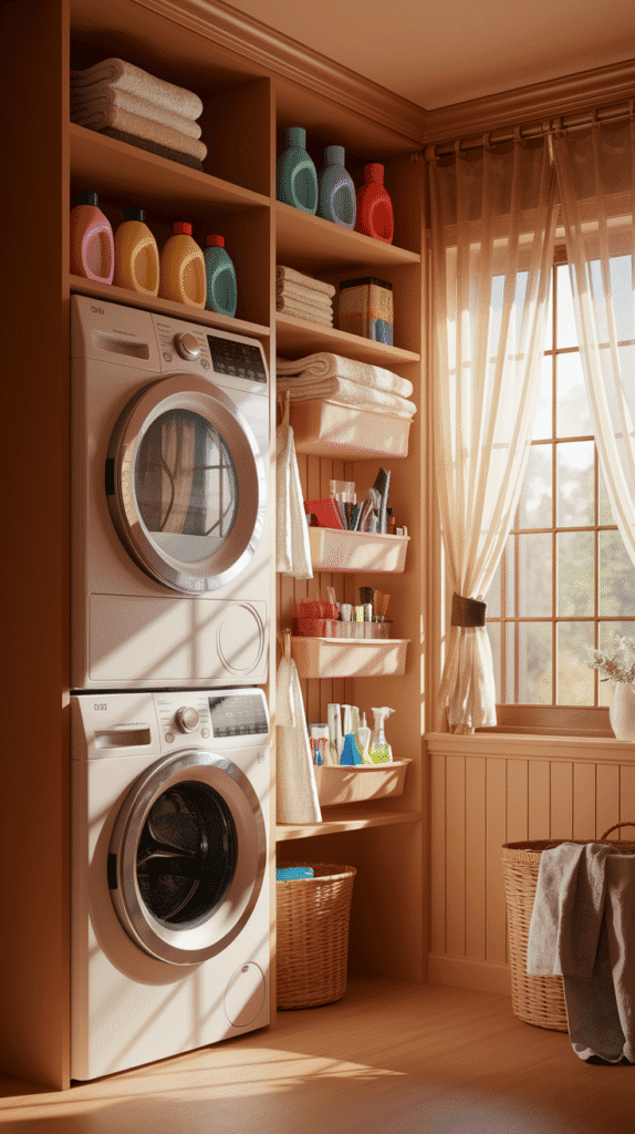 Tiny Laundry Room Ideas showing vertical storage solutions.