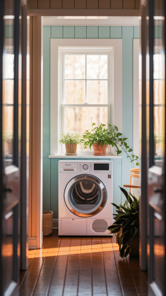 Tiny Laundry Room Ideas with bright and bold paint choices.