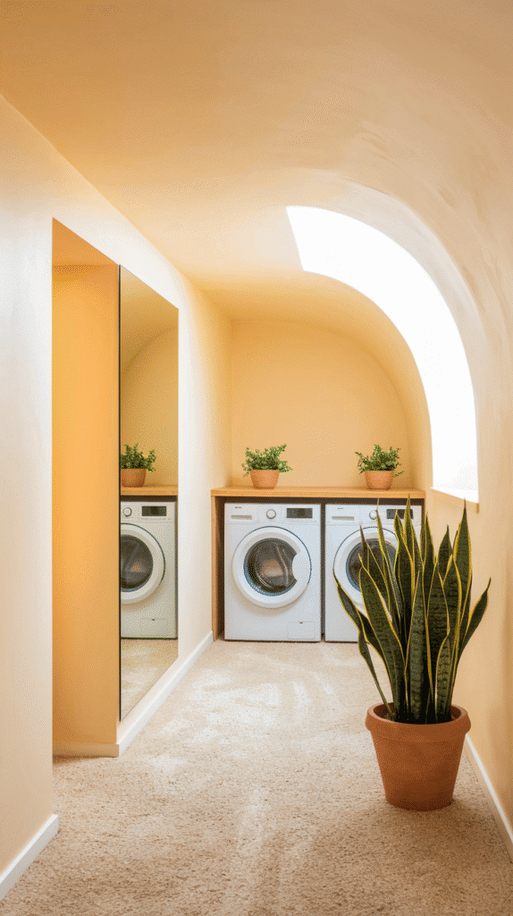 Tiny Laundry Room Ideas using mirrors for visual expansion.
