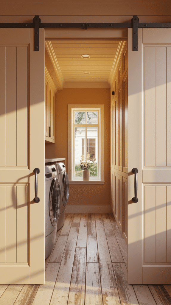 Tiny Laundry Room Ideas featuring space-saving sliding doors.