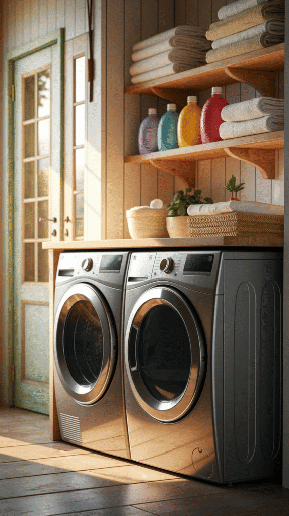Tiny Laundry Room Ideas with shelving above appliances.