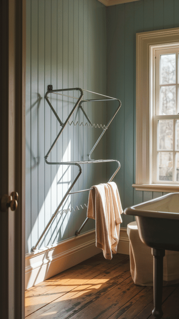 Tiny Laundry Room Ideas showing a retractable drying rack.
