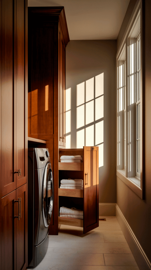 Tiny Laundry Room Ideas incorporating slim pull-out cabinets.