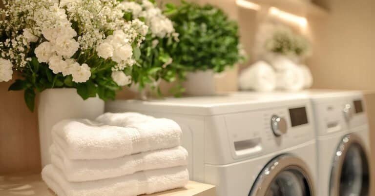 Tiny Laundry Room Ideas- Freshly laundered towels in elegant laundry room