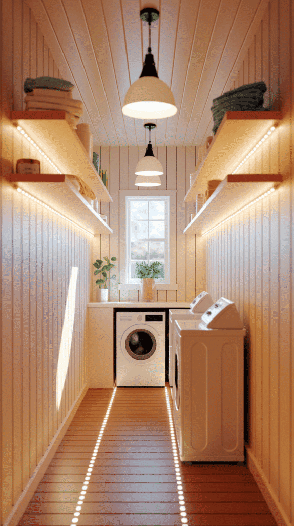 Tiny Laundry Room Ideas with upgraded lighting solutions.