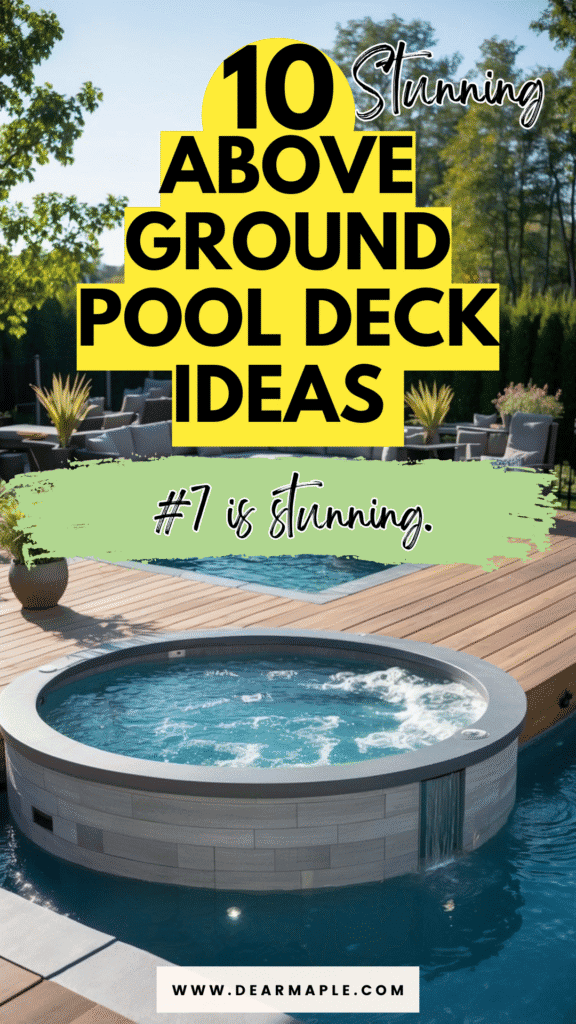 Pinterest pin of above ground pool deck ideas
