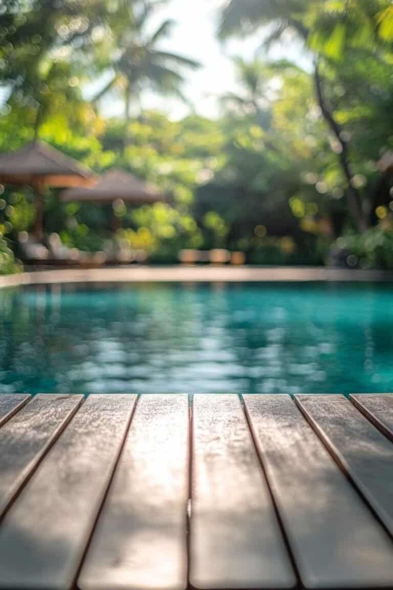 above ground pool deck ideas-Wooden decking and pool in tropical garden