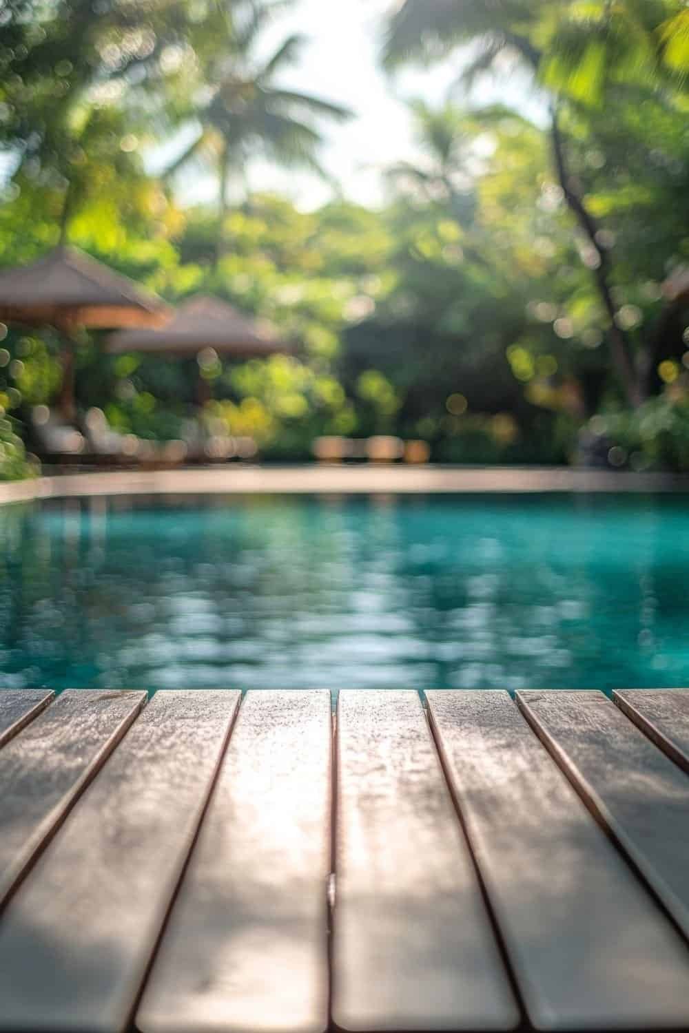 above ground pool deck ideas-Wooden decking and pool in tropical garden