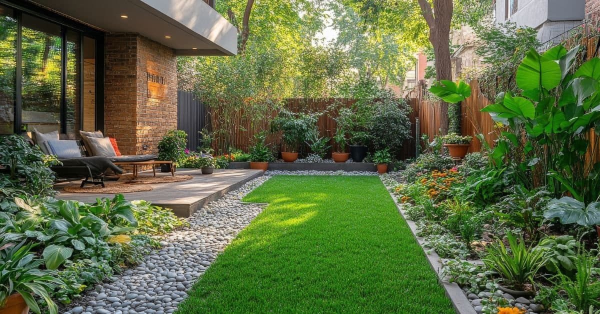 backyard layout - Serene garden pathway lined with pots of vibrant flowers during golden hour light