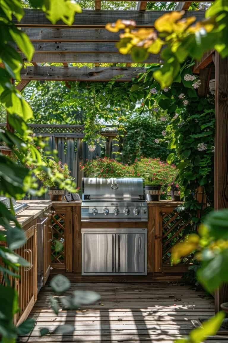 backyard outdoor kitchen-An inviting outdoor barbecue area featuring stainless steel grills, ample counter space, and lush greenery, perfect for outdoor cooking and dining experiences.